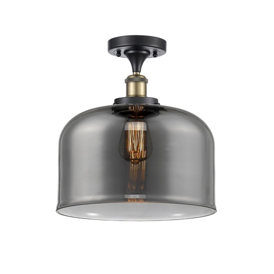 Innovations Bell 12in 1-Light Semi-Flush Mount | Industrial Black Antique Brass and Light Smoke Glass | Foyer & Hallway | Model 916-1C-BAB-G73-L-LED