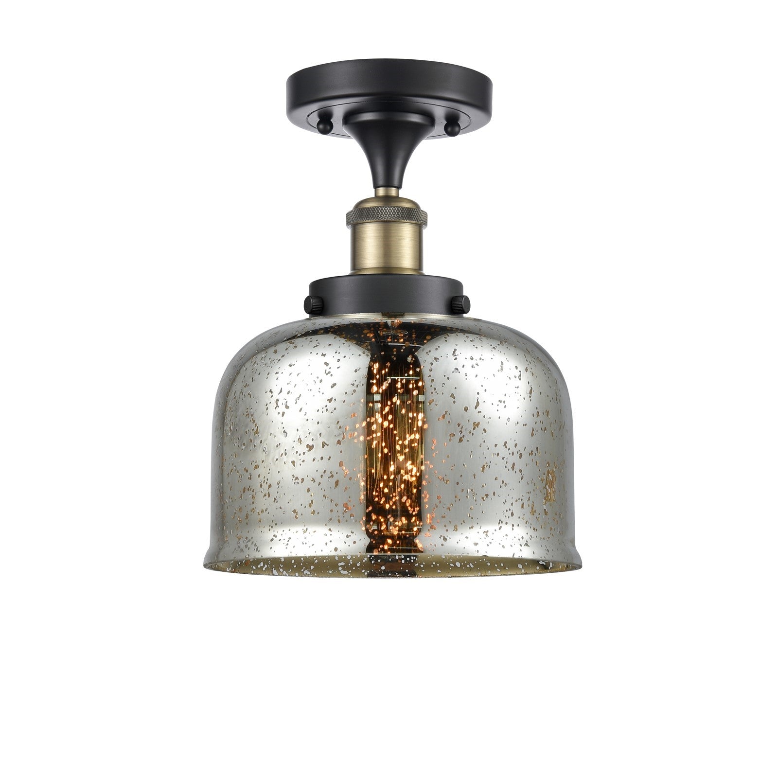 Innovations Bell 8in 1-Light Semi-Flush Mount | Industrial Black Antique Brass and Silver Plated Mercury Glass | Foyer & Hallway | Model 916-1C-BAB-G78