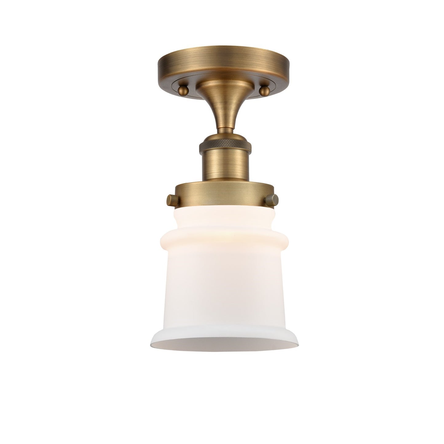 Innovations Canton 5.25in 1-Light Semi-Flush Mount | Modern Contempo Brushed Brass Steel and Matte White Frosted Glass | Model 916-1C-BB-G181S