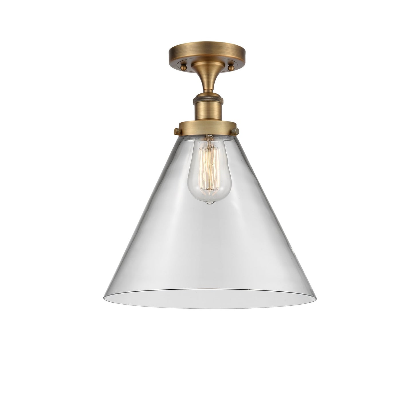 Innovations Cone 12in 1-Light Semi-Flush Mount | Industrial Brushed Brass and Clear Glass | Foyer & Hallway | 12 x 12 x 13 in | Model 916-1C-BB-G42-L-LED