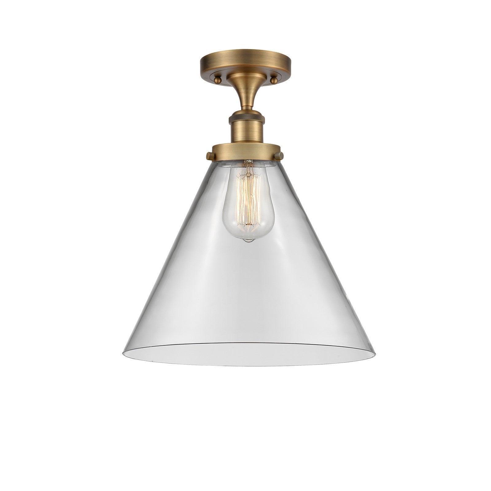 Innovations Cone 12in 1-Light Semi-Flush Mount | Industrial Brushed Brass and Clear Glass | Foyer & Hallway | 12 x 12 x 13 in | Model 916-1C-BB-G42-L-LED