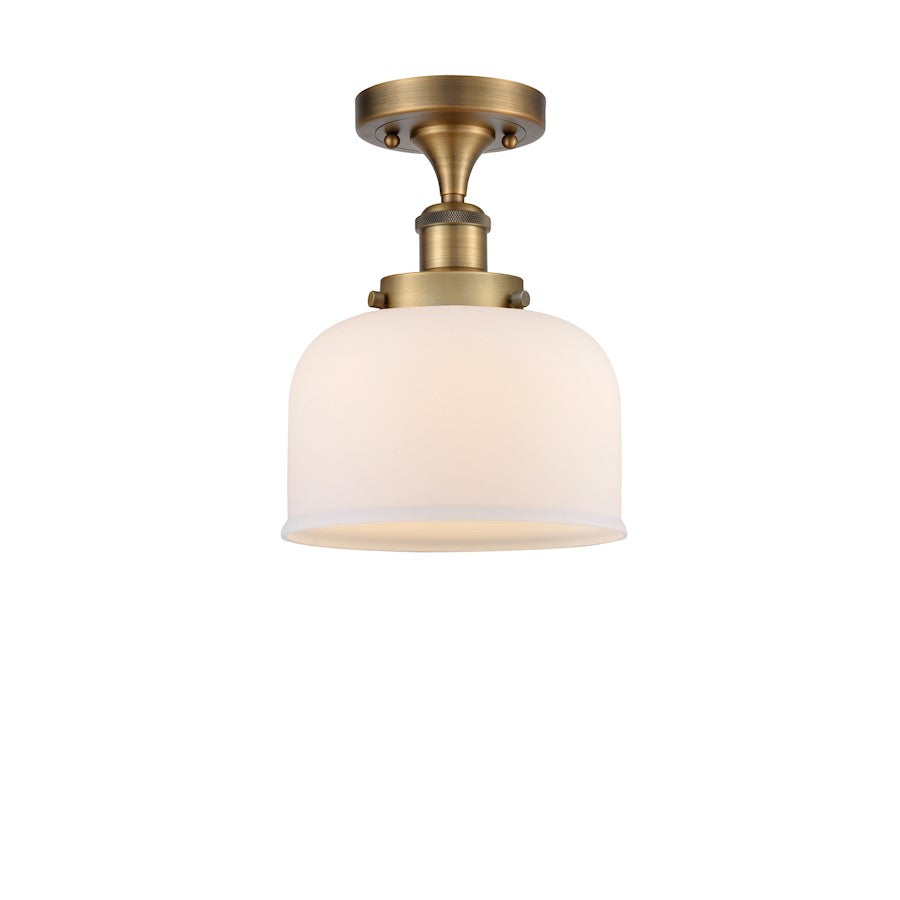 Innovations Ballston Large Bell 8in 1-Light LED Semi-Flush Mount | Industrial Brushed Brass and Matte White Frosted Glass | Model 916-1C-BB-G71-LED
