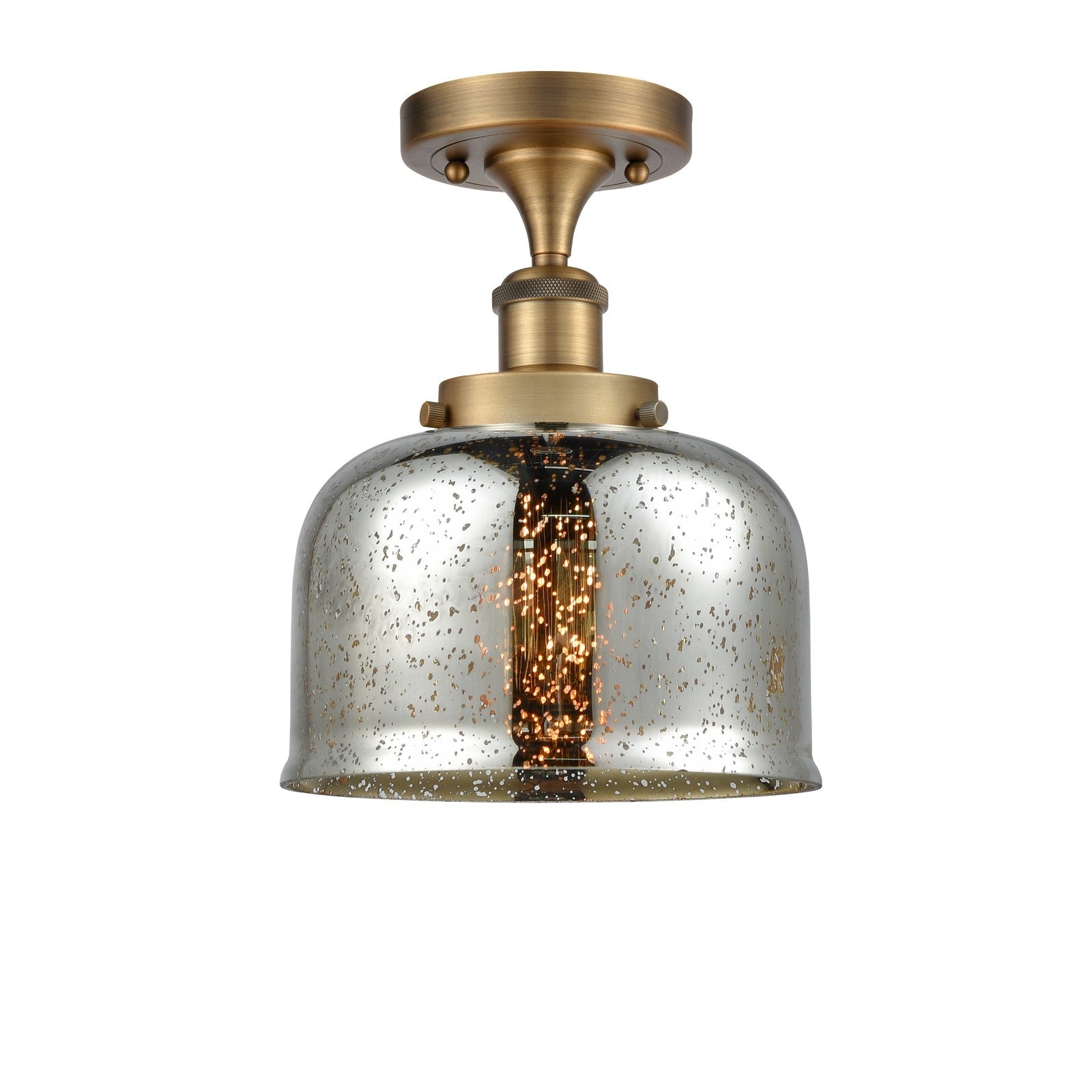 Innovations Bell 8in 1-Light Semi-Flush Mount | Industrial Brushed Brass Steel and Silver Plated Mercury Glass | Foyer & Hallway | Model 916-1C-BB-G78