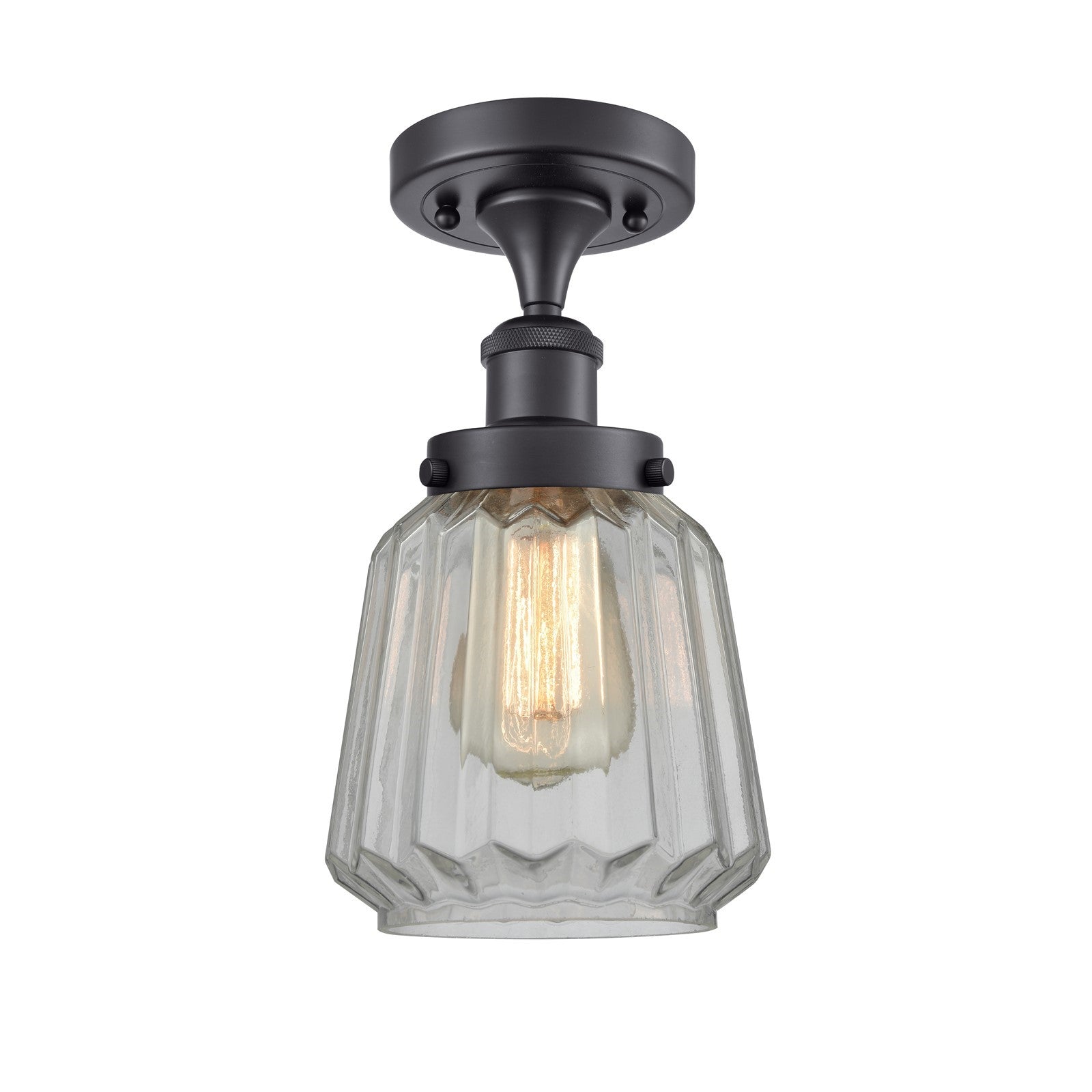 Innovations Chatham 7in 1-Light Semi-Flush Mount | Modern Matte Black Steel and Clear Ribbed Glass Shade | Entryway & Hallway | Model 916-1C-BK-G142