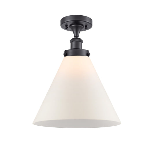 Innovations Cone 12in 1-Light Semi-Flush Mount | Industrial Matte Black Steel and Matte White Frosted Glass | Entryway & | Model 916-1C-BK-G41-L-LED