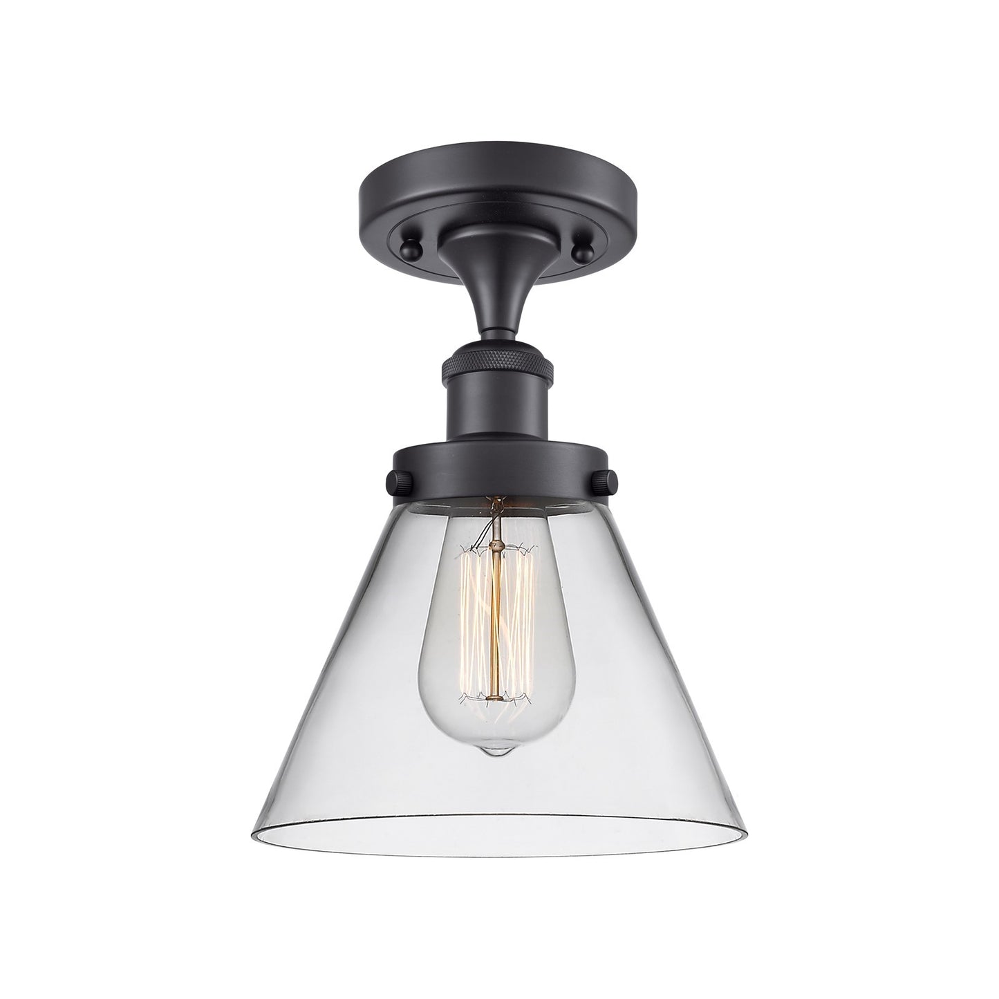 Innovations Cone 8in 1-Light Semi-Flush Mount | Industrial Matte Black Steel and Clear Glass | Entryway & Hallway | 8 x 8 x 13 in | Model 916-1C-BK-G42