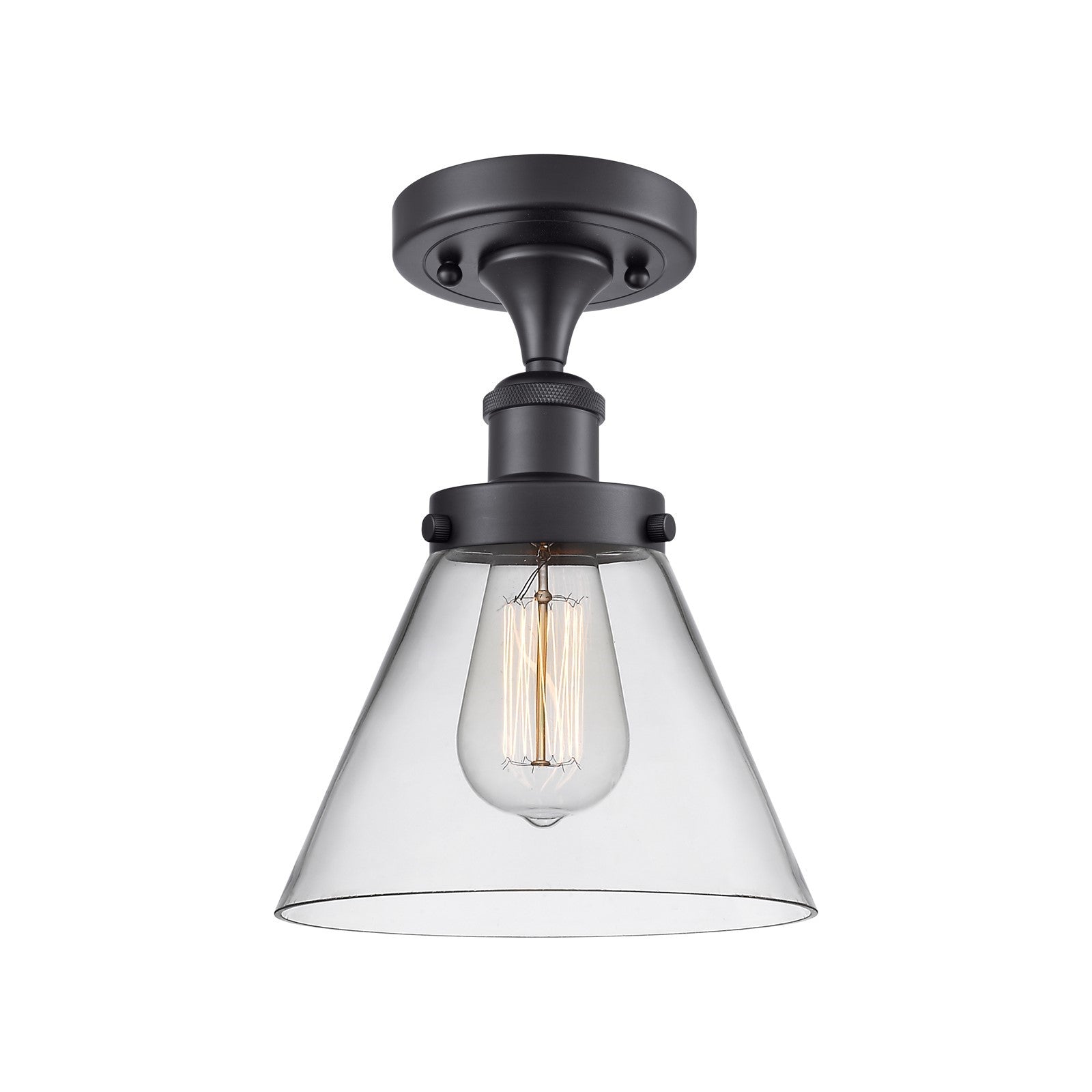 Innovations Cone 8in 1-Light Semi-Flush Mount | Industrial Matte Black Steel and Clear Glass | Entryway & Hallway | 8 x 8 x 13 in | Model 916-1C-BK-G42