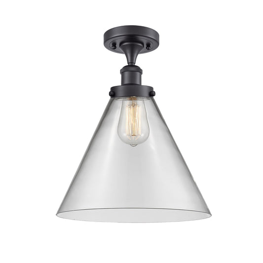 Innovations Cone 12in 1-Light Semi-Flush Mount | Industrial Matte Black Steel and Clear Glass | Entryway & Hallway | Model 916-1C-BK-G42-L