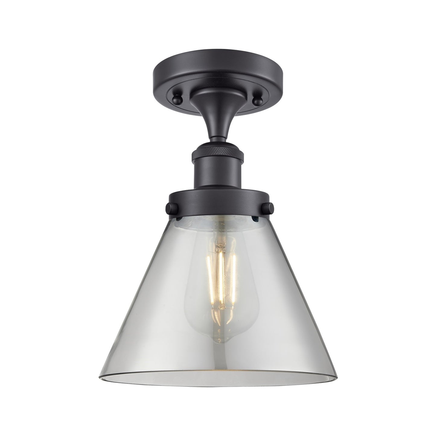 Innovations Cone 8in 1-Light Semi-Flush Mount | Industrial Matte Black Steel and Light Smoke Glass | Hallway & Entryway | 8 x 13 in | Model 916-1C-BK-G43