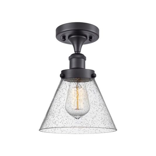 Innovations Cone 8in 1-Light Semi-Flush Mount | Industrial Matte Black Steel and Seedy Glass | Hallway & Entryway | 8 x 13 in | Model 916-1C-BK-G44