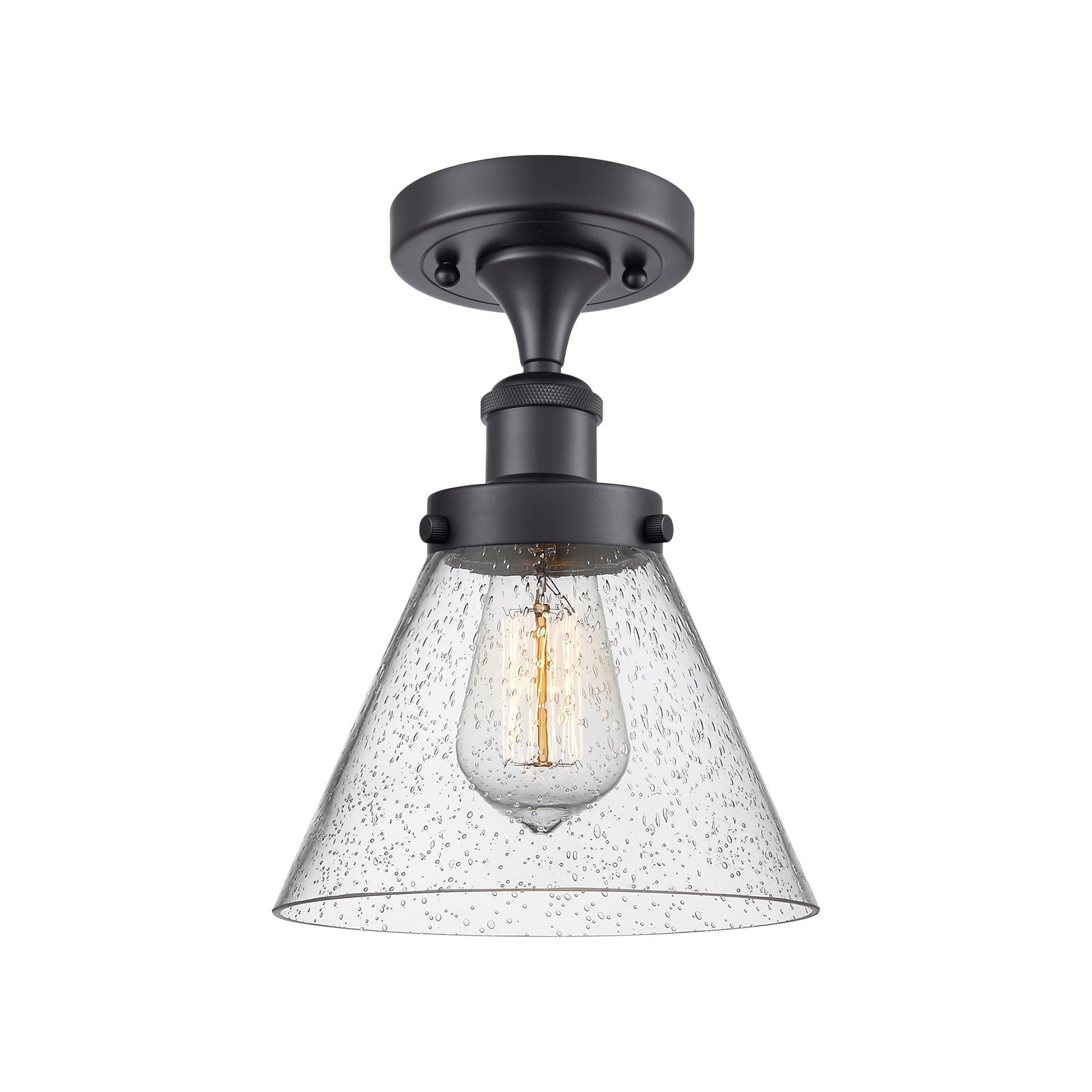 Innovations Cone 8in 1-Light Semi-Flush Mount | Industrial Matte Black Steel and Seedy Glass | Entryway & Hallway | 8 x 8 x 13 in | Model 916-1C-BK-G44-LED