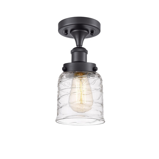 Innovations Bell 5in 1-Light Semi-Flush Mount | Industrial Matte Black Steel and Clear Deco Swirl Glass | Entryway & Hallway | Model 916-1C-BK-G513