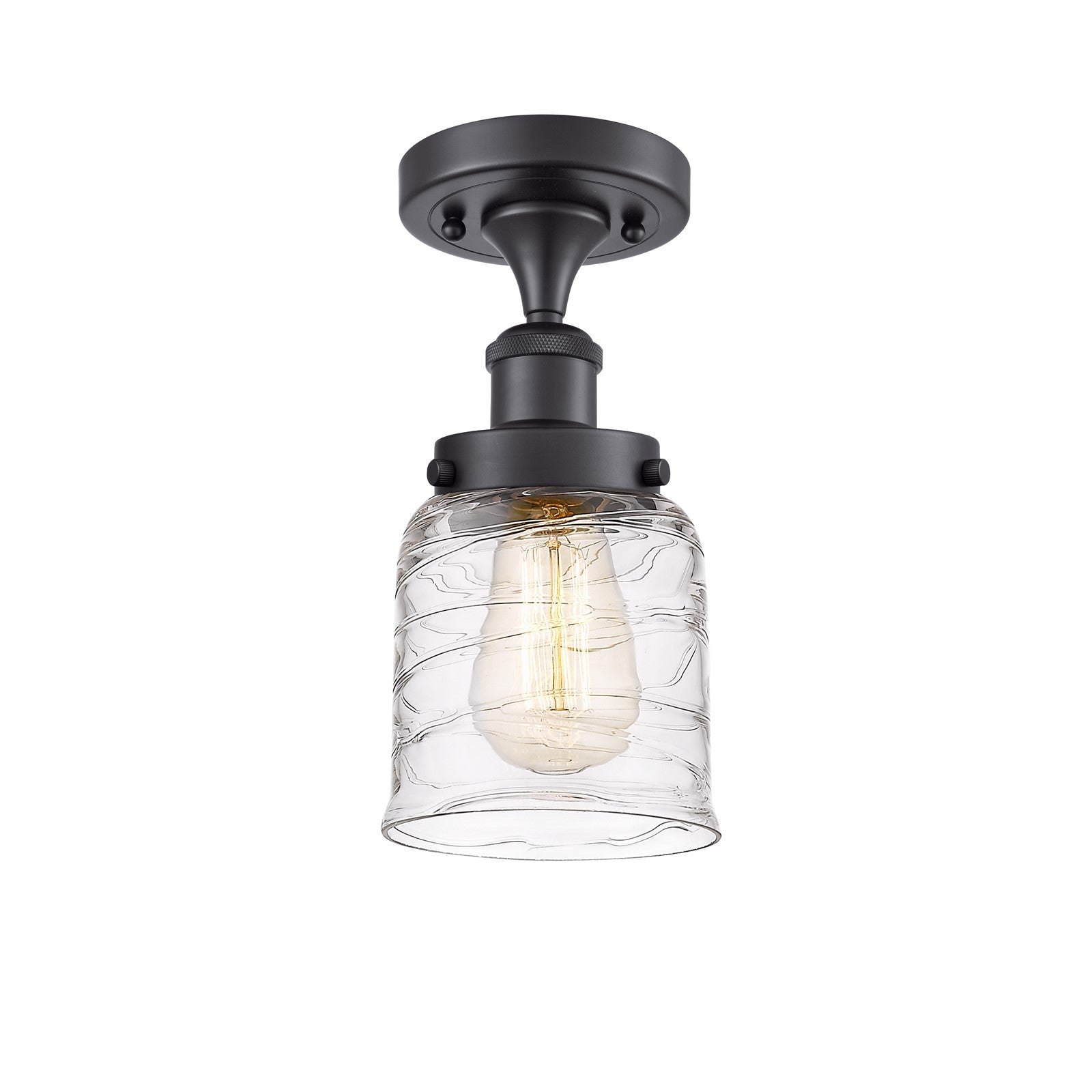 Innovations Bell 5in 1-Light Semi-Flush Mount | Industrial Matte Black Steel and Clear Deco Swirl Glass | Entryway & Hallway | Model 916-1C-BK-G513-LED