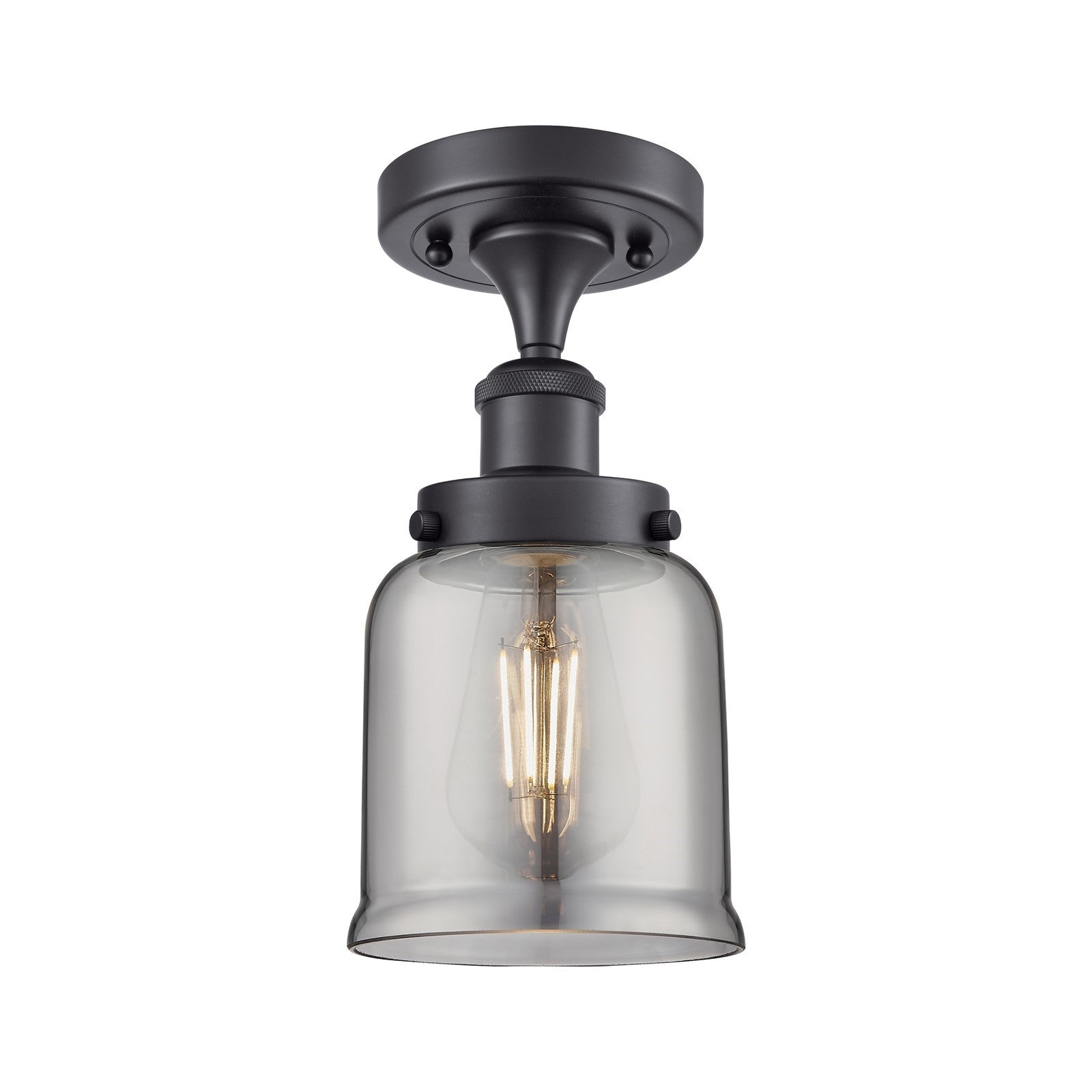 Innovations Bell 5in 1-Light Semi-Flush Mount | Industrial Matte Black Steel and Light Smoke Glass | Hallway & Entryway | Model 916-1C-BK-G53-LED