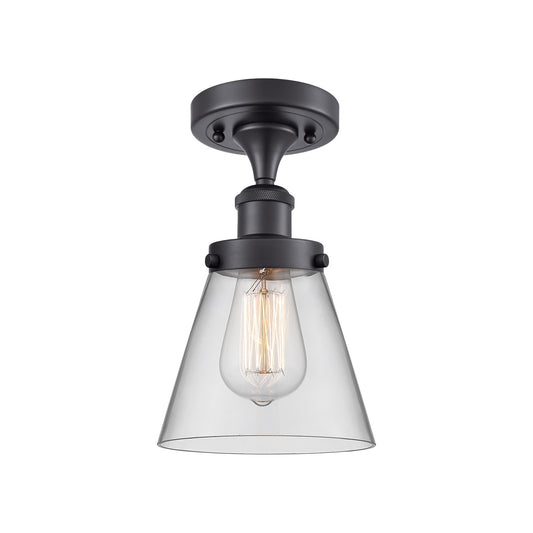Innovations Cone 6in 1-Light Semi-Flush Mount | Industrial Matte Black Steel and Clear Glass | Bedroom & Hallway | 6 x 11 in | Model 916-1C-BK-G62-LED