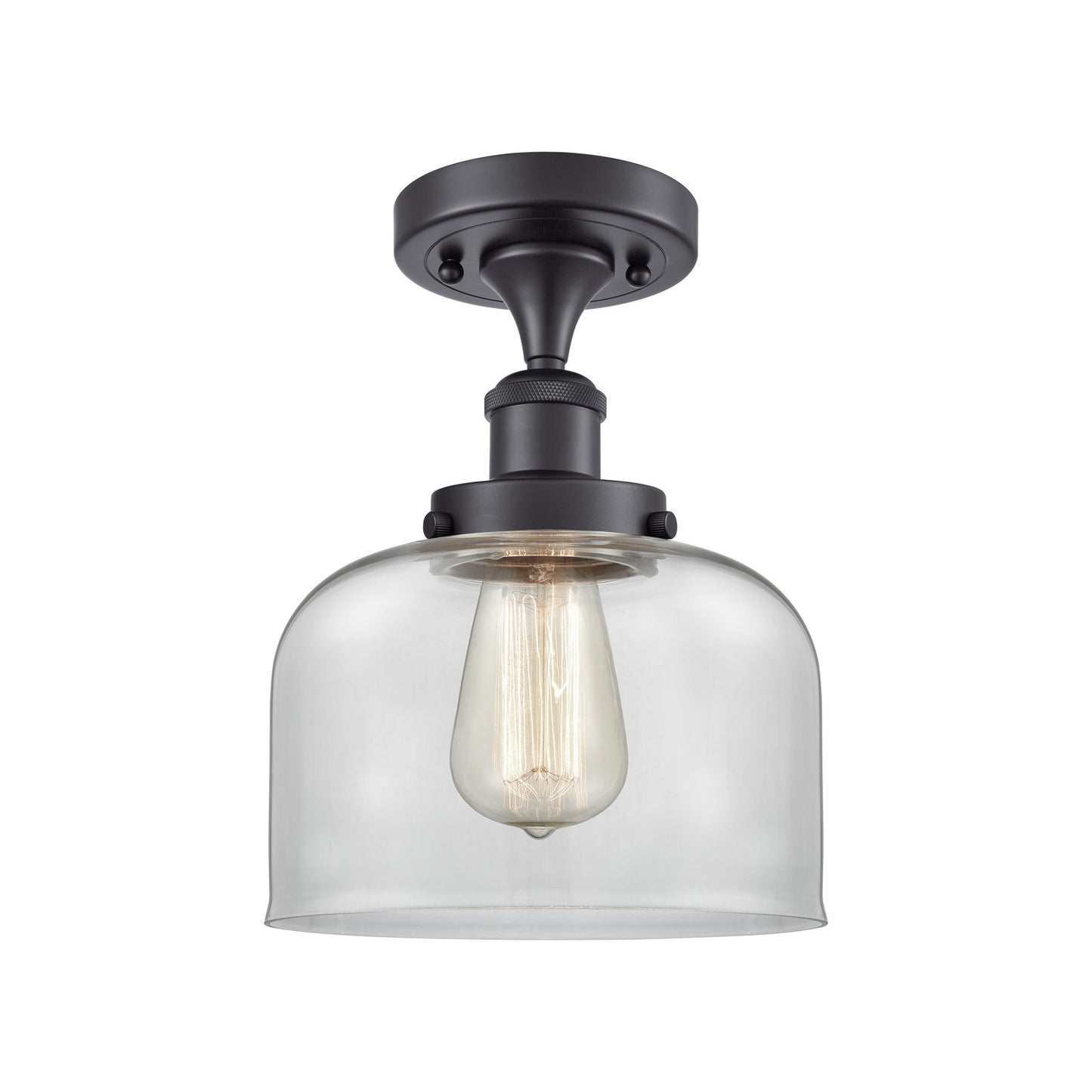 Innovations Bell 8in 1-Light Semi-Flush Mount | Industrial Matte Black Steel and Clear Glass | Foyer & Hallway | 8 x 8 x 13 in | Model 916-1C-BK-G72