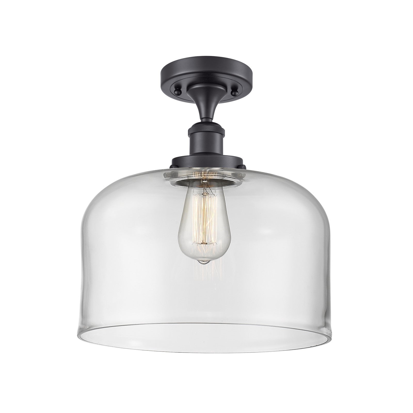 Innovations Bell 12in 1-Light Semi-Flush Mount | Industrial Matte Black Steel and Clear Glass | Foyer & Hallway | 12 x 13 in | Model 916-1C-BK-G72-L-LED
