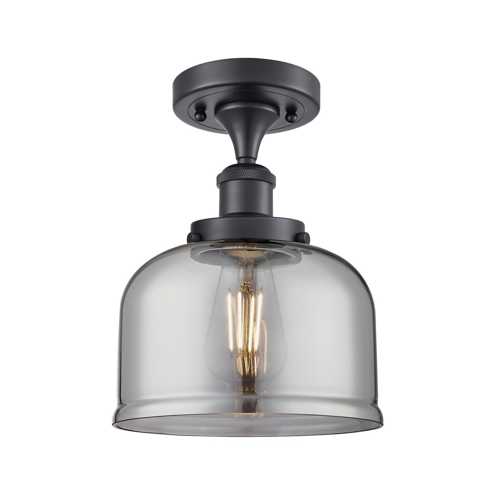 Innovations Bell 8in 1-Light Semi-Flush Mount | Industrial Matte Black Steel and Light Smoke Glass | Entryway & Hallway | Model 916-1C-BK-G73