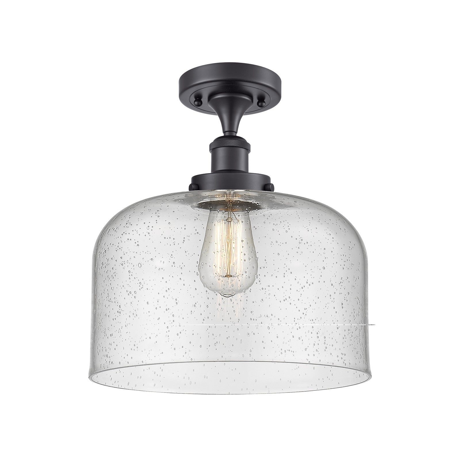Innovations Bell 12in 1-Light Semi-Flush Mount | Industrial Matte Black Steel and Seedy Glass | Entryway & Hallway | 12 x 13 in | Model 916-1C-BK-G74-L-LED