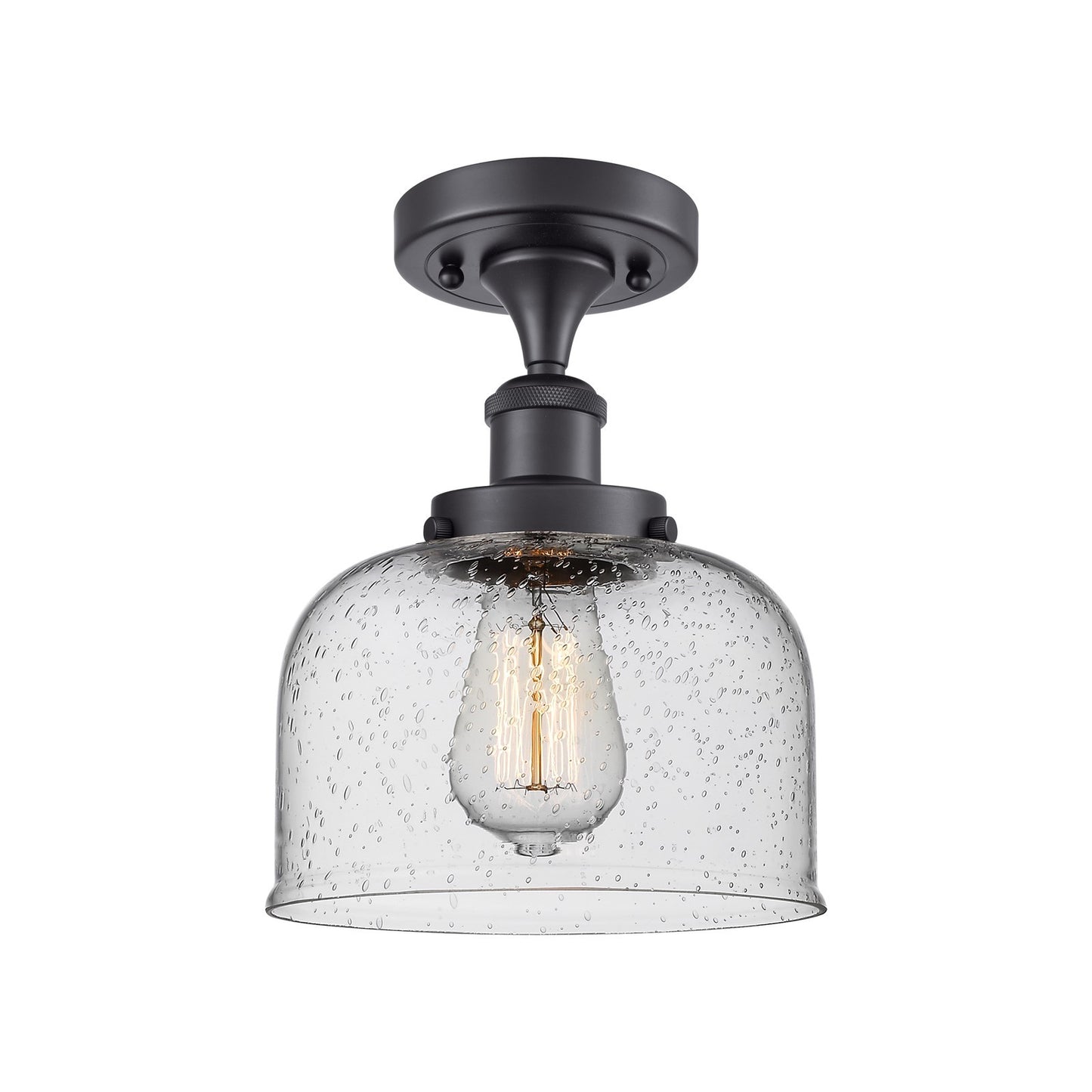 Innovations Bell 8in 1-Light Semi-Flush Mount | Industrial Matte Black Steel and Seedy Glass | Entryway & Hallway | 8 x 13 in | Model 916-1C-BK-G74-LED