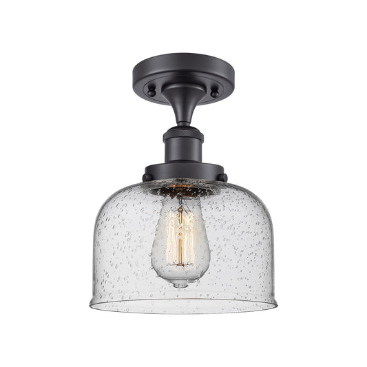 Innovations Bell 8in 1-Light Semi-Flush Mount | Industrial Matte Black Steel and Seedy Glass | Entryway & Hallway | 8 x 13 in | Model 916-1C-BK-G74-LED