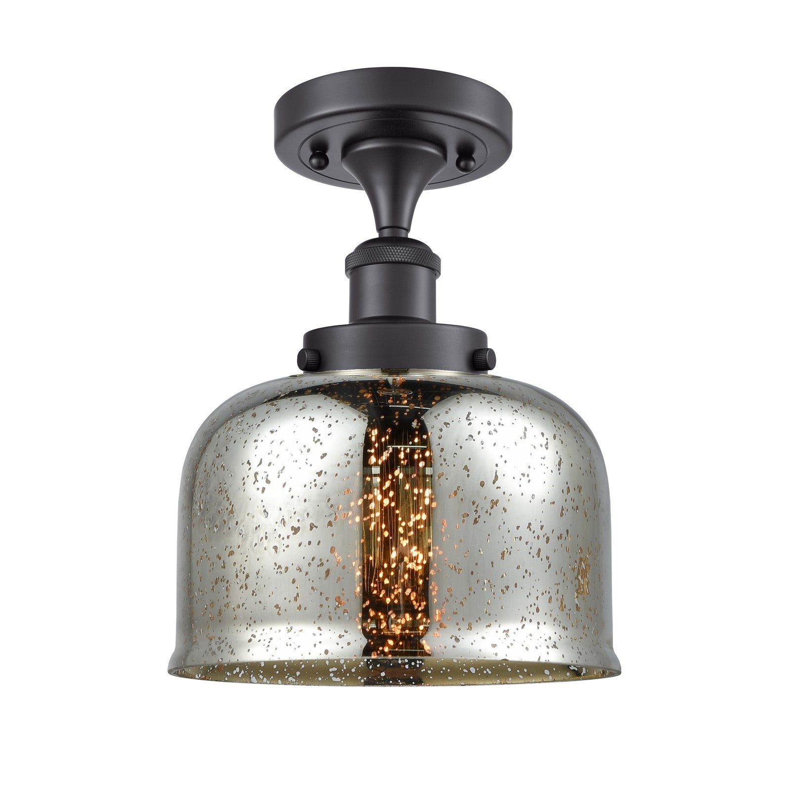 Innovations Bell 8in 1-Light Semi-Flush Mount | Industrial Matte Black Steel and Silver Plated Mercury Glass | Hallway & Entryway | Model 916-1C-BK-G78