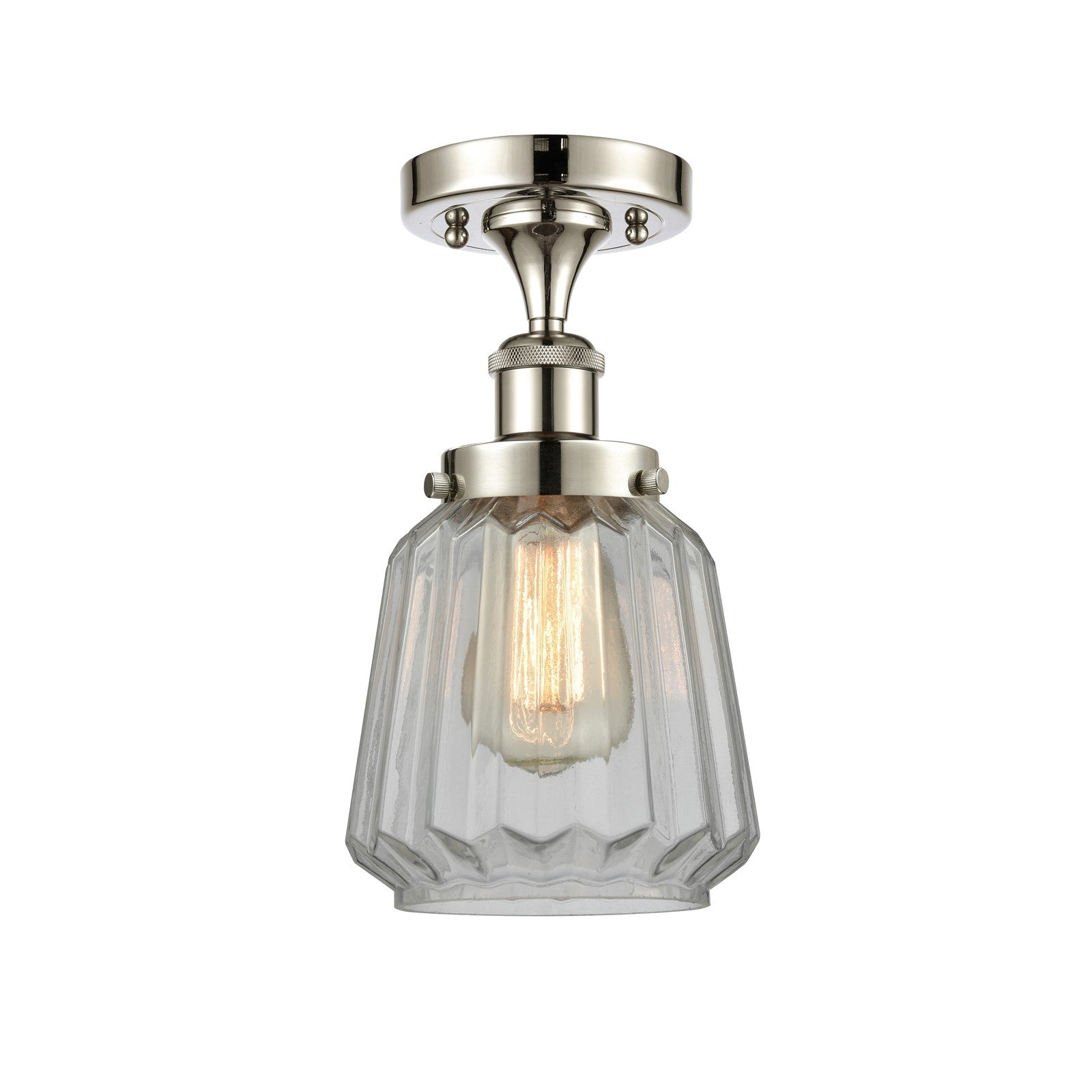 Innovations Chatham 7in 1-Light Semi-Flush Mount | Modern Transitional Polished Nickel Steel and Clear Ribbed Glass | Entryway & | Model 916-1C-PN-G142