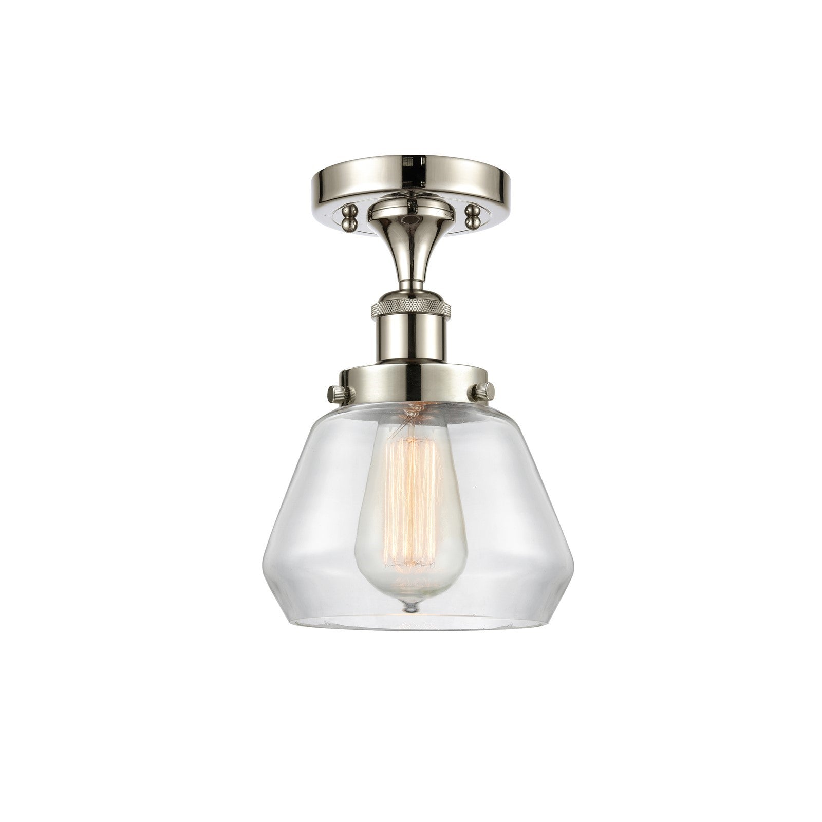 Innovations Fulton 7in 1-Light Semi-Flush Mount | Modern Contempo Polished Nickel Steel and Clear Glass Schoolhouse Shade | Hallway | Model 916-1C-PN-G172