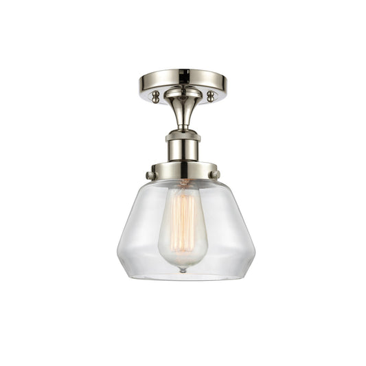 Innovations Fulton 7in 1-Light Semi-Flush Mount | Modern Contempo Polished Nickel Steel and Clear Glass Schoolhouse Shade | Hallway | Model 916-1C-PN-G172
