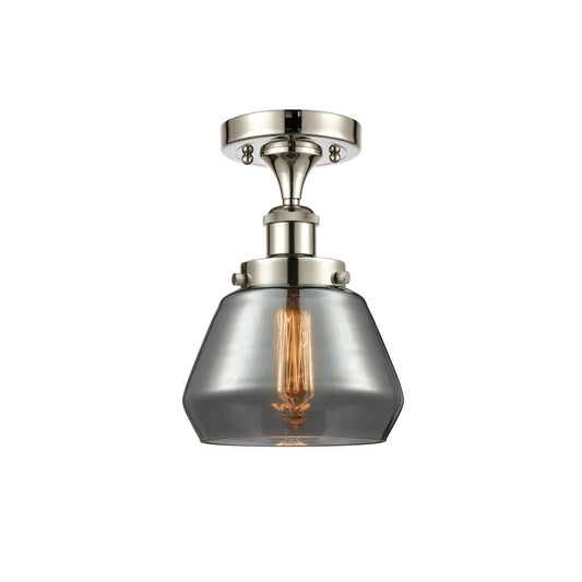 Innovations Fulton 7in 1-Light Semi-Flush Mount | Modern Contempo Polished Nickel Steel and Smoked Glass Schoolhouse Shade | Model 916-1C-PN-G173