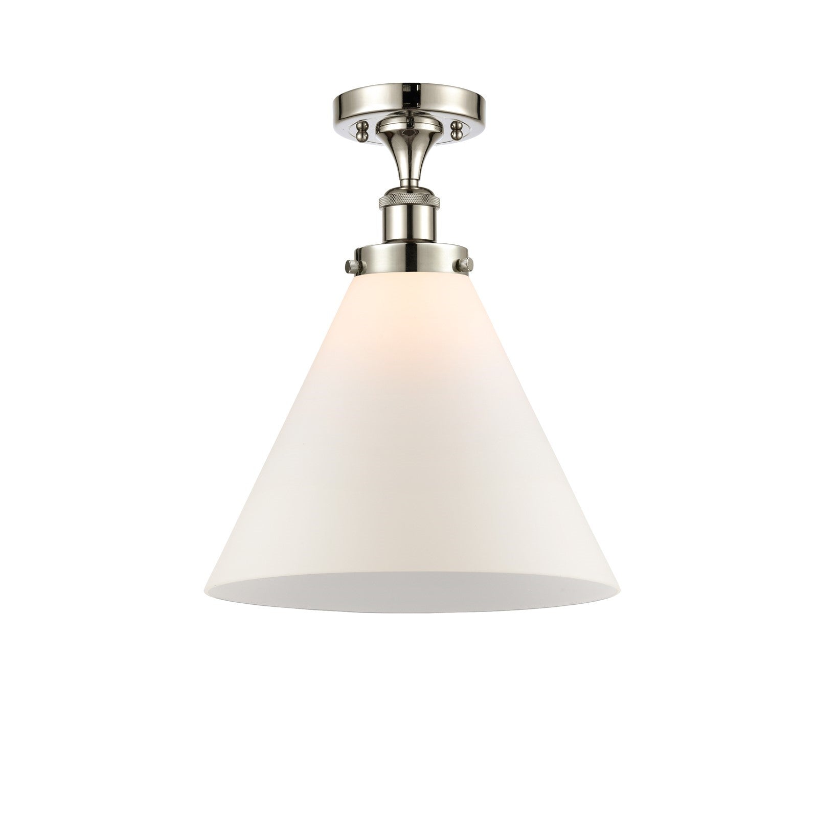Innovations Cone 12in 1-Light Semi-Flush Mount | Industrial Polished Nickel Steel and Matte White Frosted Glass Cone Shade | Model 916-1C-PN-G41-L-LED