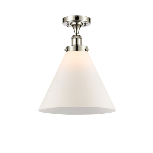 Innovations Cone 12in 1-Light Semi-Flush Mount | Industrial Polished Nickel Steel and Matte White Frosted Glass Cone Shade | Model 916-1C-PN-G41-L-LED