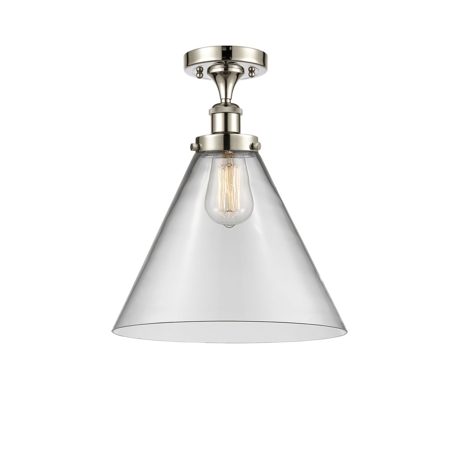 Innovations Cone 12in 1-Light Semi-Flush Mount | Industrial Polished Nickel Steel and Clear Glass Cone Shade | Entryway & | Model 916-1C-PN-G42-L-LED