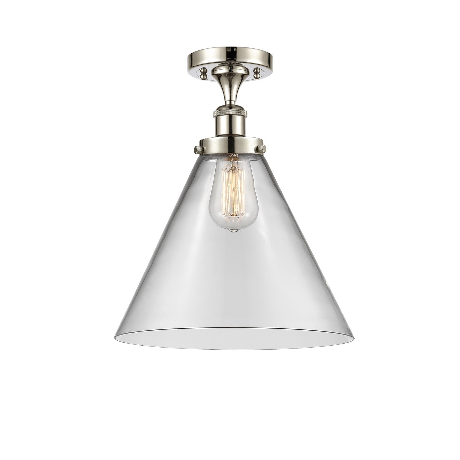 Innovations Cone 12in 1-Light Semi-Flush Mount | Industrial Polished Nickel Steel and Clear Glass Cone Shade | Entryway & | Model 916-1C-PN-G42-L-LED