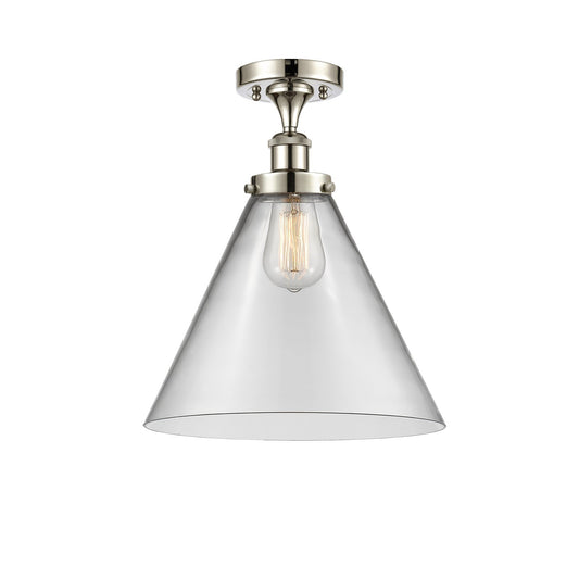 Innovations Cone 12in 1-Light Semi-Flush Mount | Industrial Polished Nickel Steel and Clear Glass Cone Shade | Entryway & | Model 916-1C-PN-G42-L-LED
