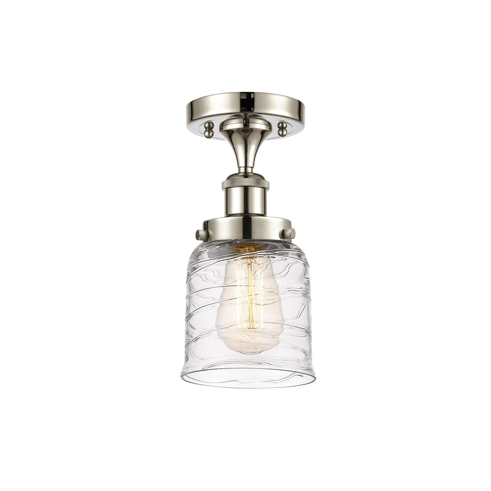 Innovations Bell 5in 1-Light Semi-Flush Mount | Industrial Polished Nickel Steel and Clear Deco Swirl Glass | Entryway & Hallway | Model 916-1C-PN-G513