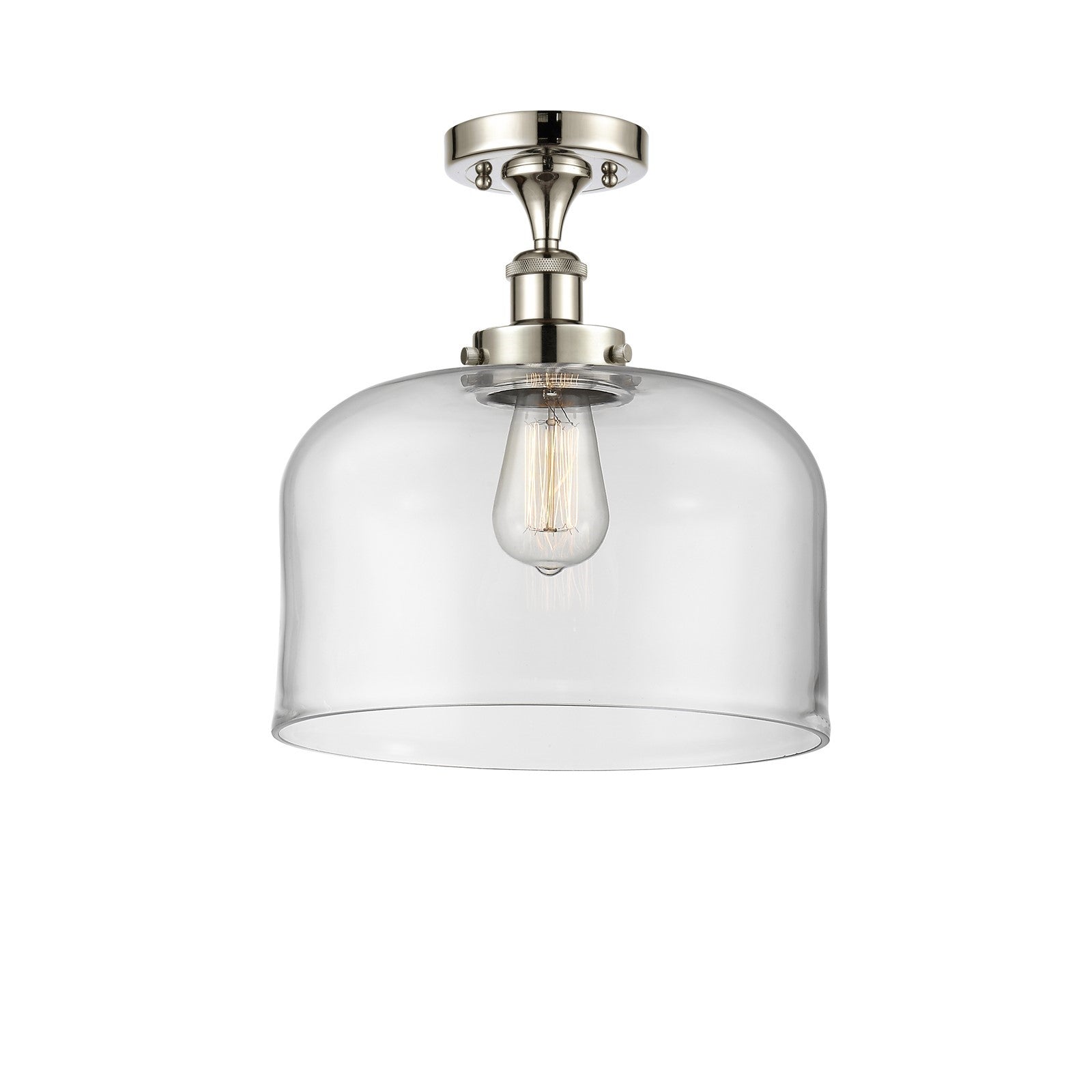 Innovations Bell 12in 1-Light Semi-Flush Mount | Industrial Polished Nickel Steel and Clear Glass | Kitchen & Hallway | Model 916-1C-PN-G72-L-LED