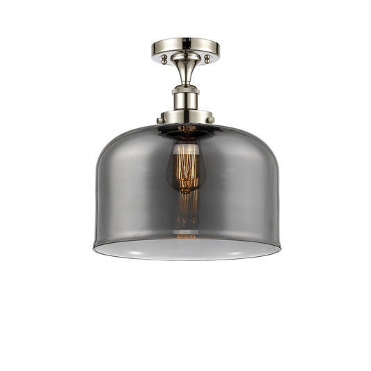 Innovations Bell 12in 1-Light Semi-Flush Mount | Industrial Polished Nickel Steel and Light Smoke Glass | Kitchen & Hallway | Model 916-1C-PN-G73-L-LED