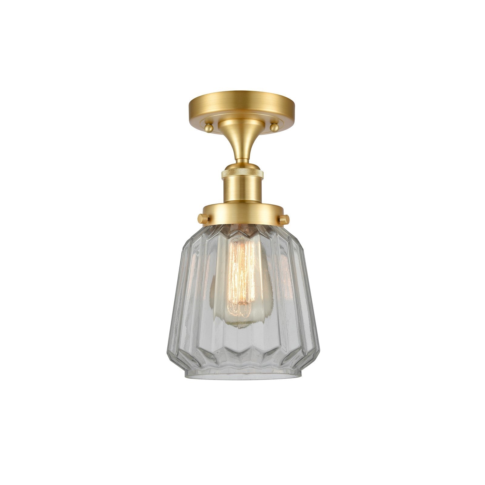 Innovations Chatham 7in 1-Light Semi-Flush Mount | Modern Transitional Satin Gold Steel and Clear Ribbed Glass Shade | Damp | Model 916-1C-SG-G142