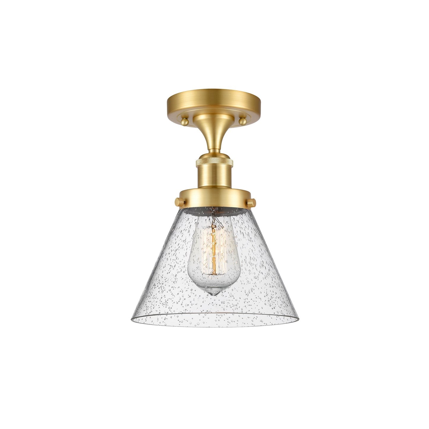 Innovations Cone 8in 1-Light Semi-Flush Mount | Industrial Satin Gold Steel and Seedy Glass | Entryway & Hallway | 8 x 8 x 13 in | Model 916-1C-SG-G44