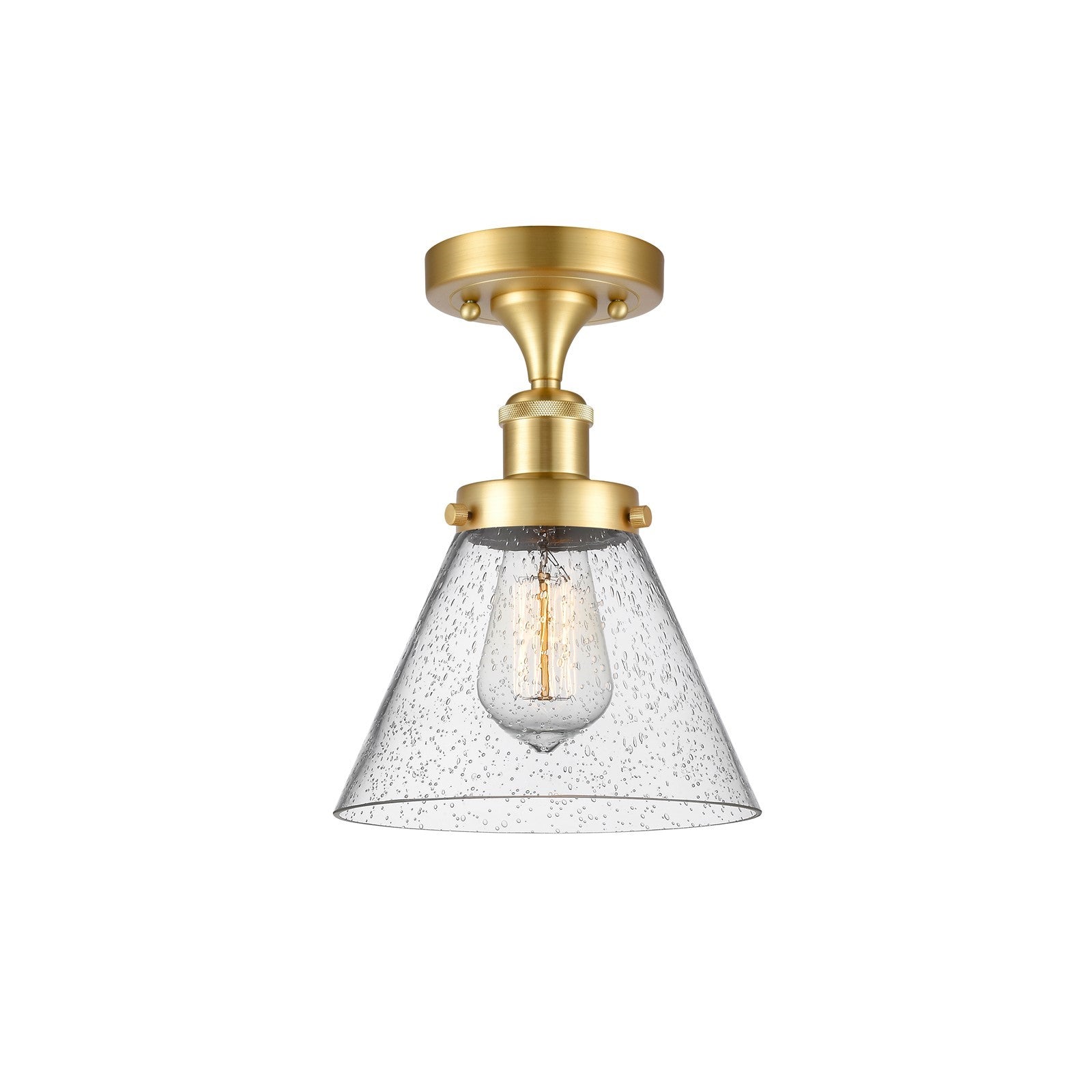 Innovations Cone 8in 1-Light Semi-Flush Mount | Industrial Satin Gold Steel and Seedy Glass | Entryway & Hallway | 8 x 8 x 13 in | Model 916-1C-SG-G44
