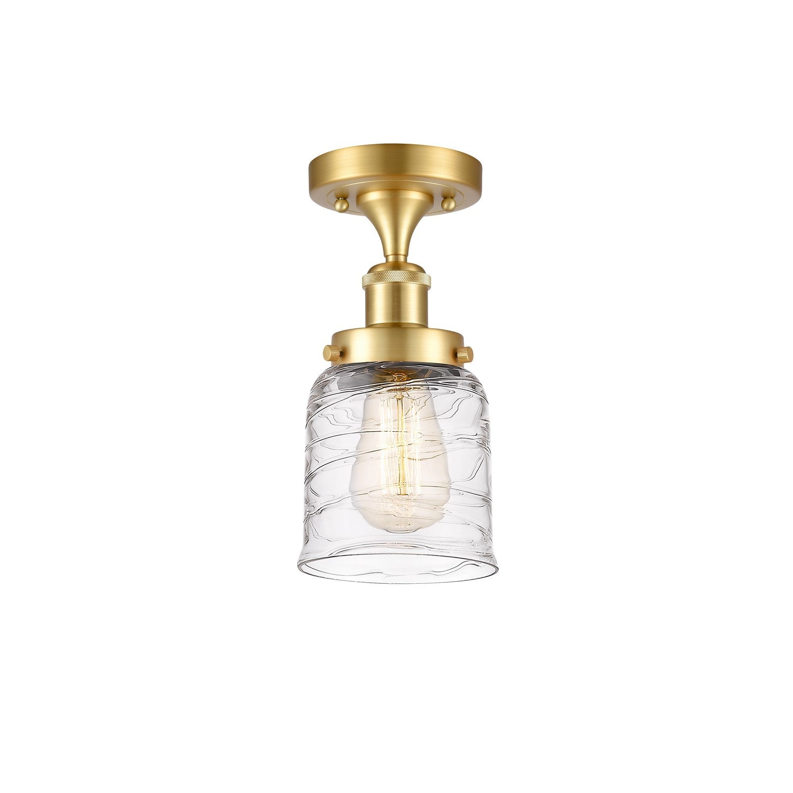 Innovations Bell 5in 1-Light Semi-Flush Mount | Industrial Satin Gold Steel and Clear Deco Swirl Glass | Entryway & Hallway | Model 916-1C-SG-G513