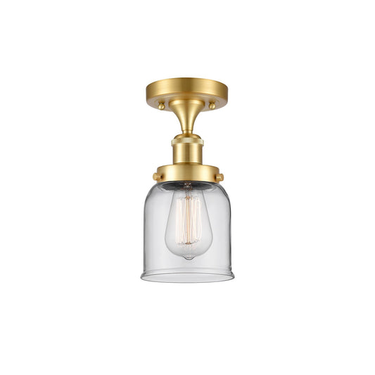 Innovations Bell 5in 1-Light Semi-Flush Mount | Industrial Satin Gold Steel and Clear Glass | Entryway & Hallway | 5 x 11 in | Model 916-1C-SG-G52