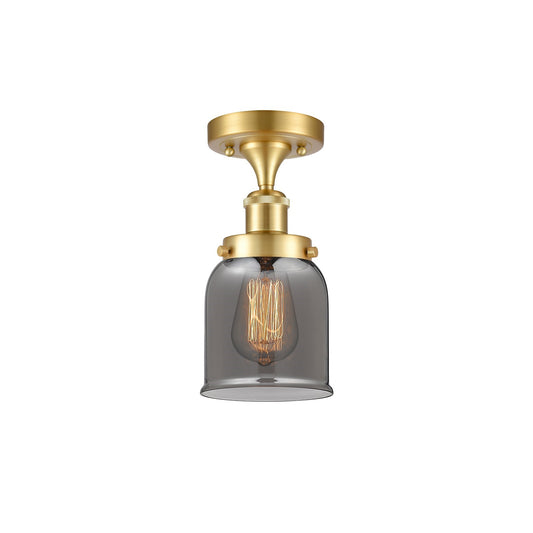 Innovations Bell 5in 1-Light Semi-Flush Mount | Industrial Satin Gold Steel and Light Smoke Glass | Entryway & Hallway | 5 x 11 in | Model 916-1C-SG-G53