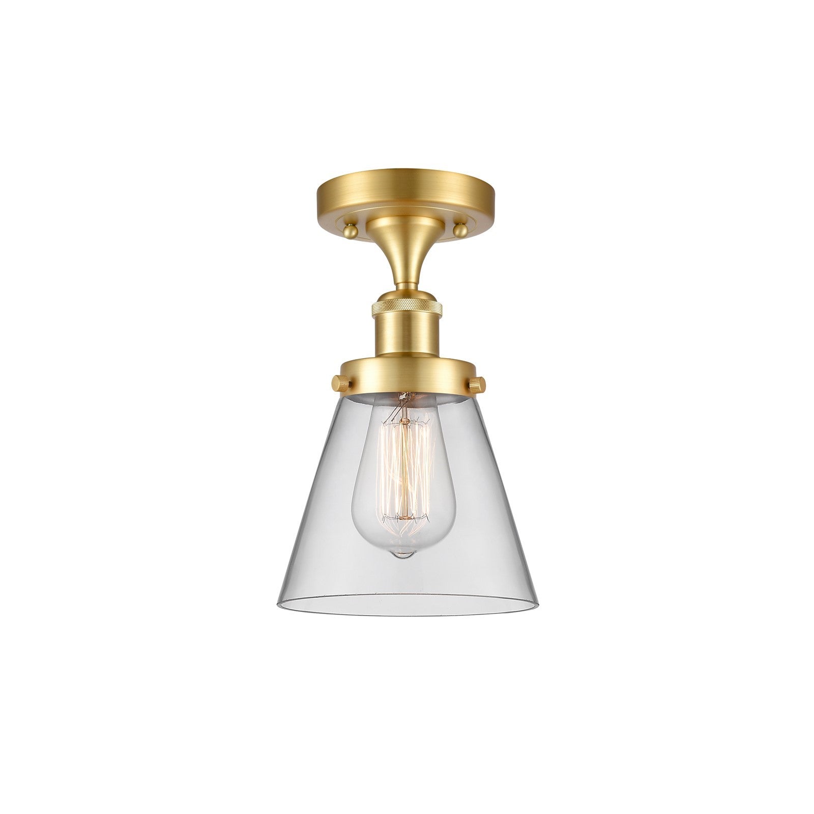 Innovations Cone 6in 1-Light Semi-Flush Mount | Industrial Satin Gold Steel and Clear Glass | Hallway & Entryway | 6 x 6 x 11 in | Model 916-1C-SG-G62