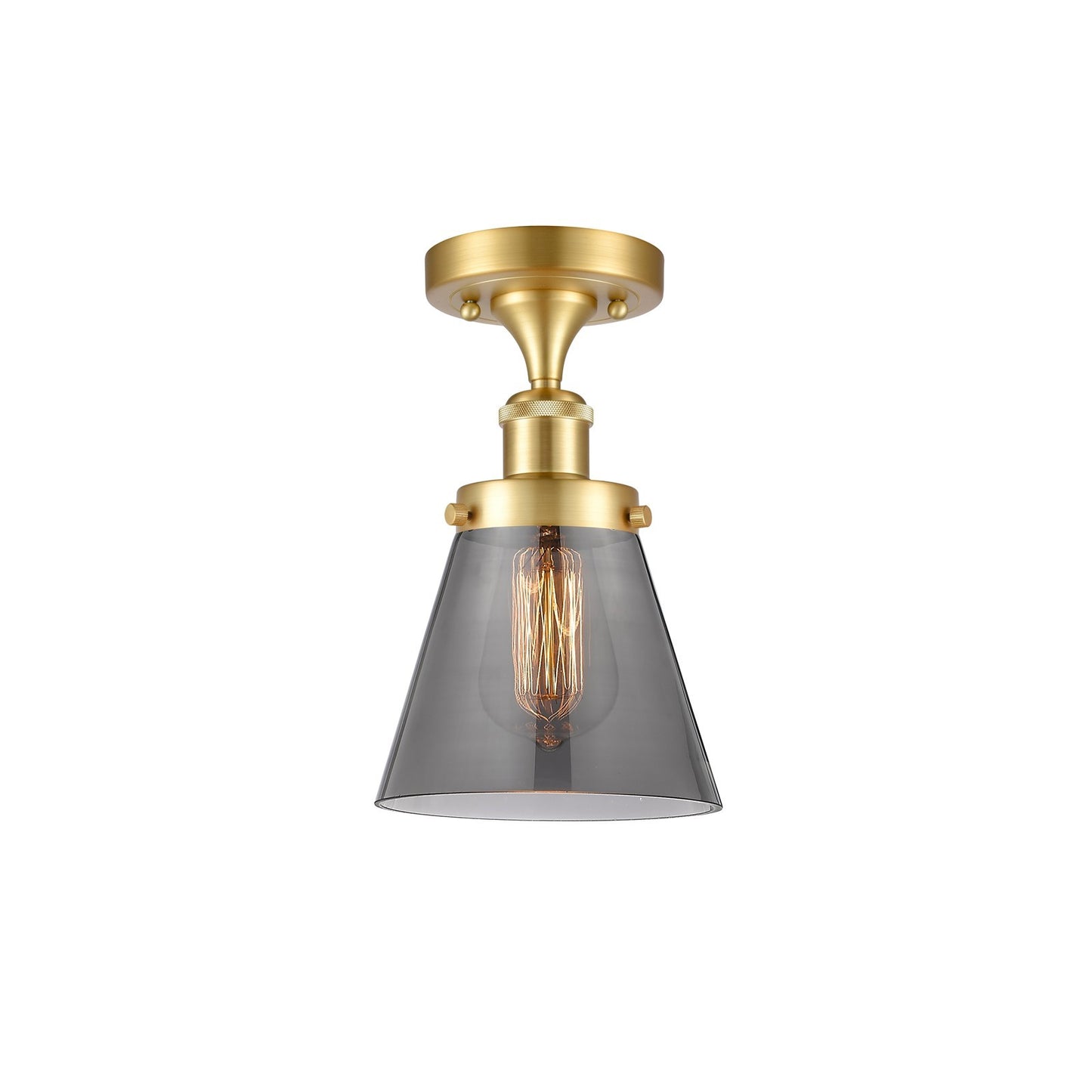 Innovations Cone 6in 1-Light Semi-Flush Mount | Industrial Satin Gold Steel and Light Smoke Glass | Hallway & Entryway | 6 x 11 in | Model 916-1C-SG-G63