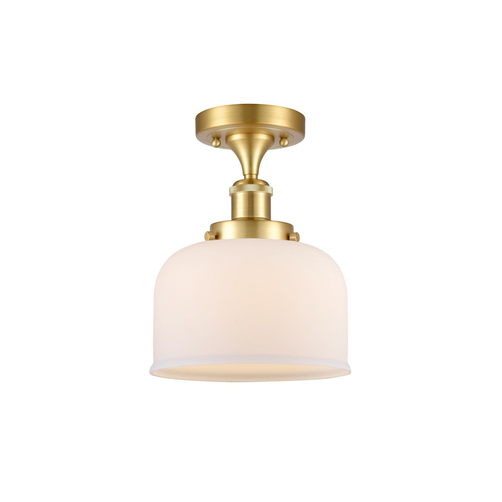 Innovations Bell 8in 1-Light Semi-Flush Mount | Industrial Satin Gold Steel and Matte White Frosted Glass | Hallway & Entryway | Model 916-1C-SG-G71