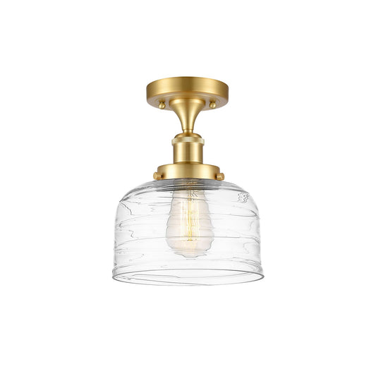 Innovations Bell 8in 1-Light Semi-Flush Mount | Industrial Satin Gold Steel and Clear Deco Swirl Glass | Entryway & Hallway | Model 916-1C-SG-G713