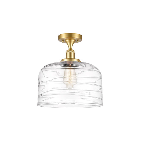 Innovations Bell 12in 1-Light Semi-Flush Mount | Industrial Satin Gold Steel and Clear Deco Swirl Glass | Kitchen & Hallway | Model 916-1C-SG-G713-L