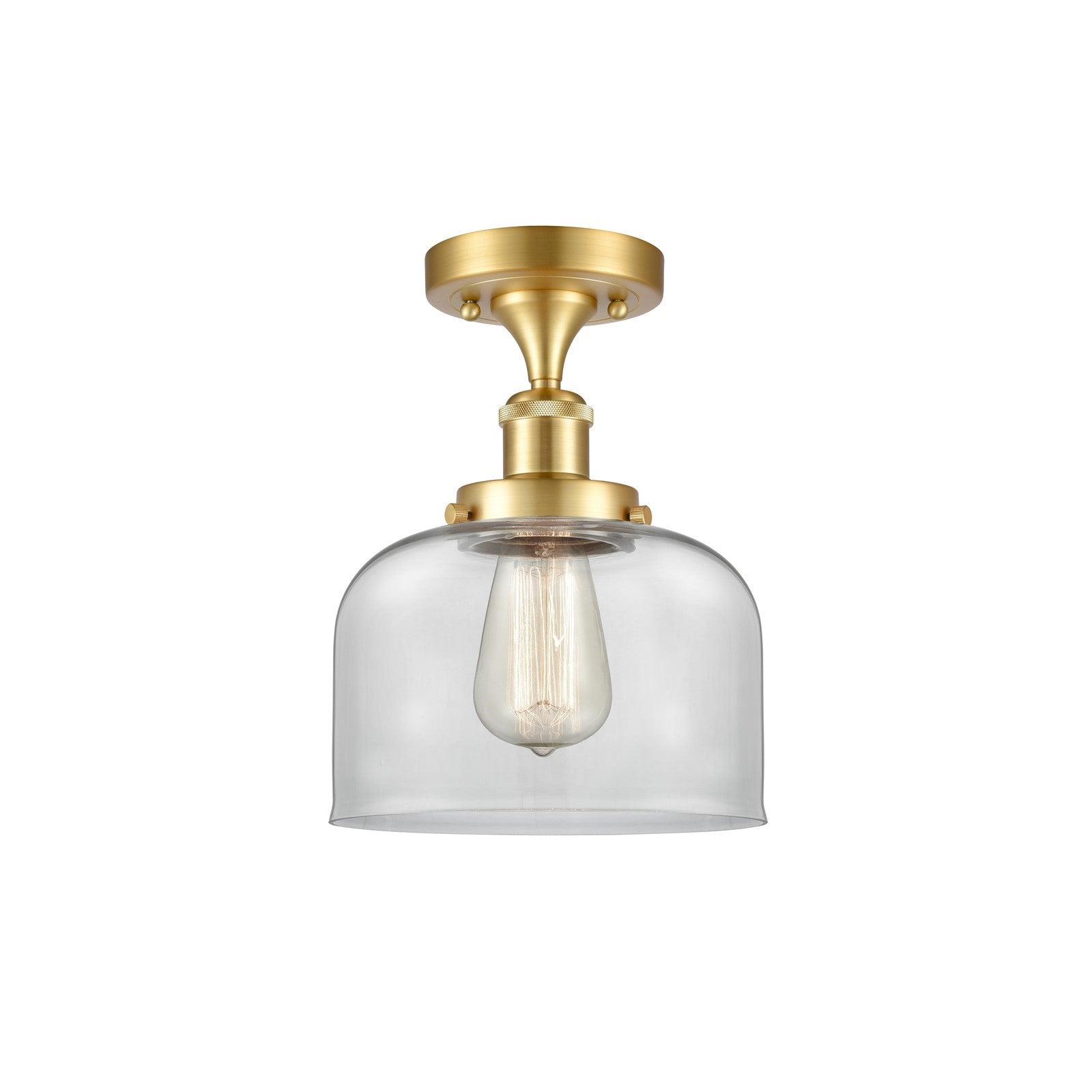 Innovations Bell 8in 1-Light Semi-Flush Mount | Industrial Satin Gold Steel and Clear Glass | Kitchen & Hallway | 8 x 8 x 13 in | Model 916-1C-SG-G72